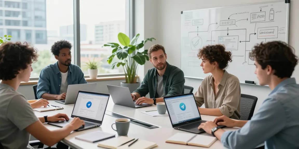 Team discussing the features of Telegram Web Version in a modern office environment.