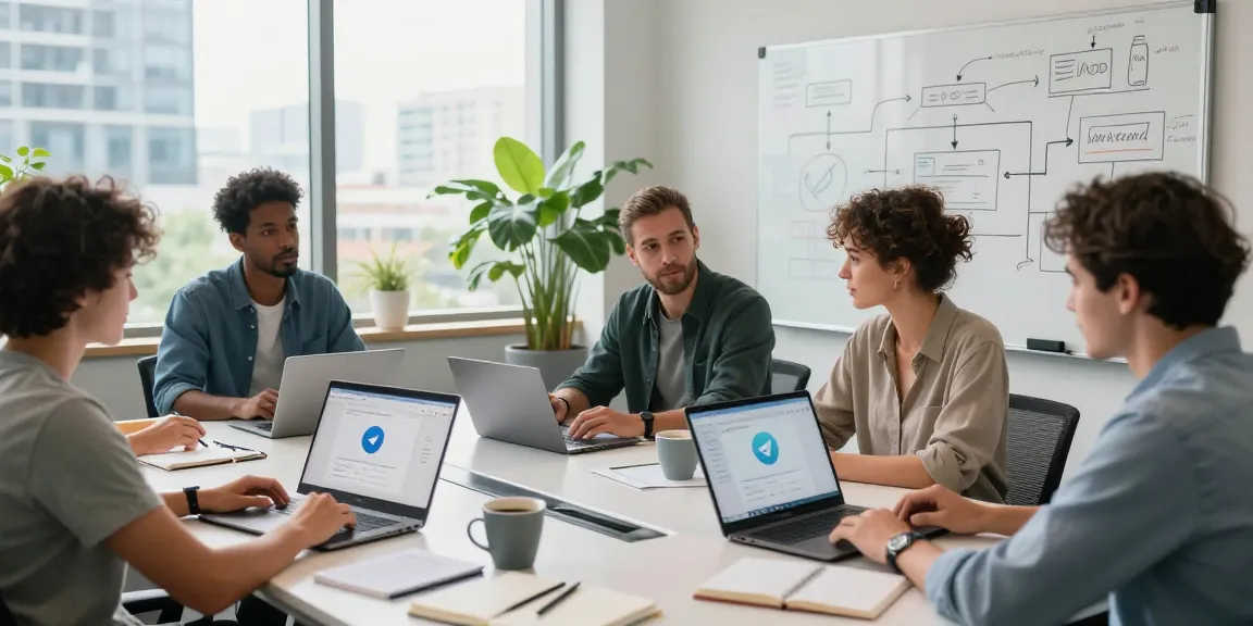 Team discussing the features of Telegram Web Version in a modern office environment.