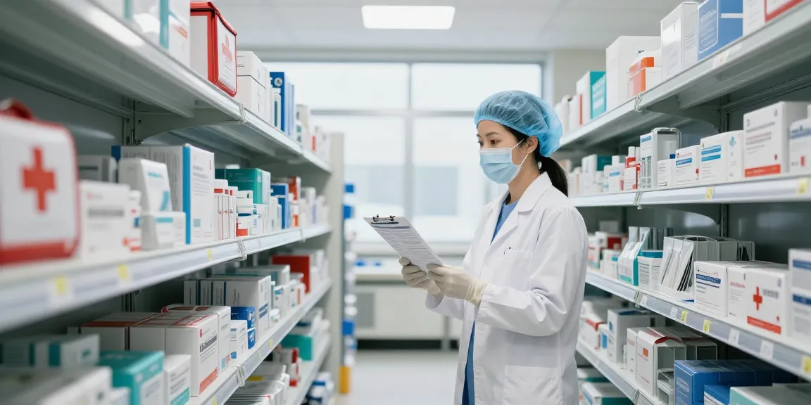 Canadian medical supplies displayed in a professional warehouse with a healthcare worker checking inventory.