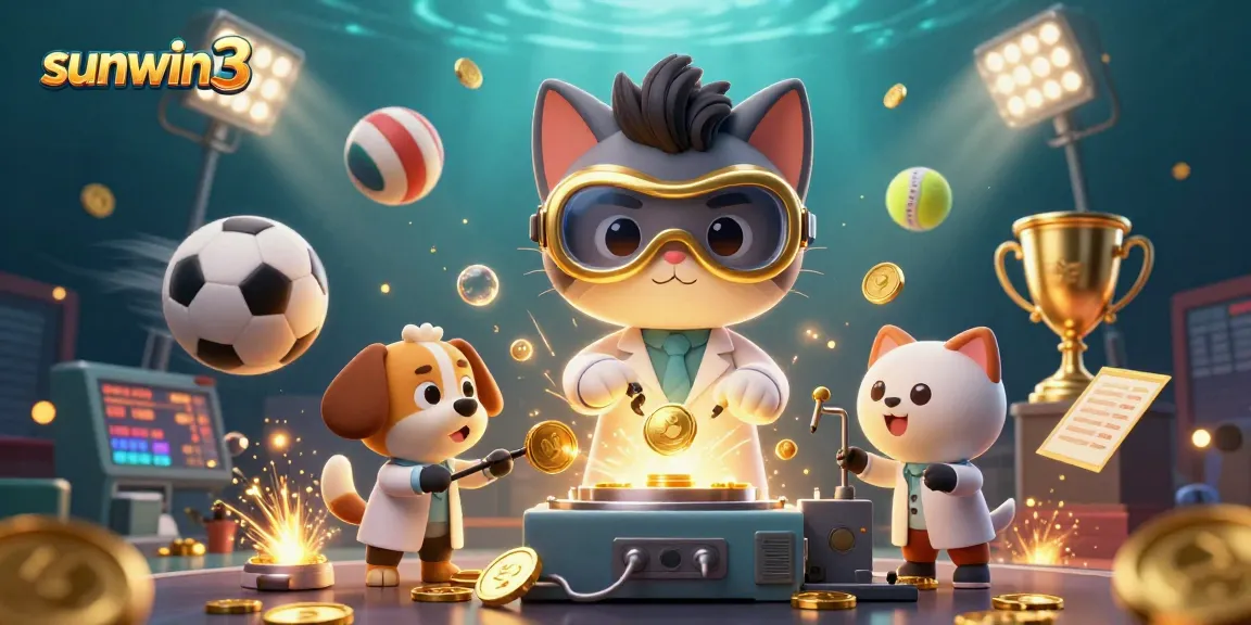Experience thrilling gameplay at sunwin3 with a mad scientist cat and loyal dog creating gold coins amidst sports elements.