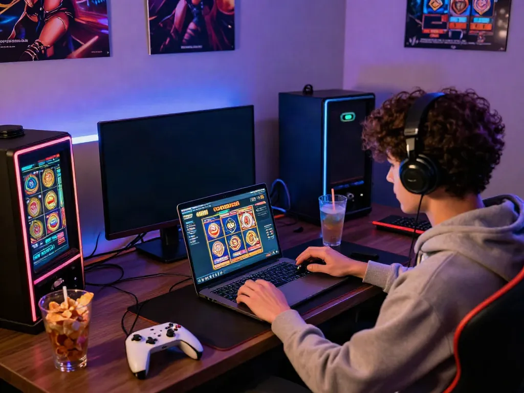 Engaging scene of user logging into rokok88 slot on a laptop, surrounded by gaming gear in a vibrant, cozy atmosphere.