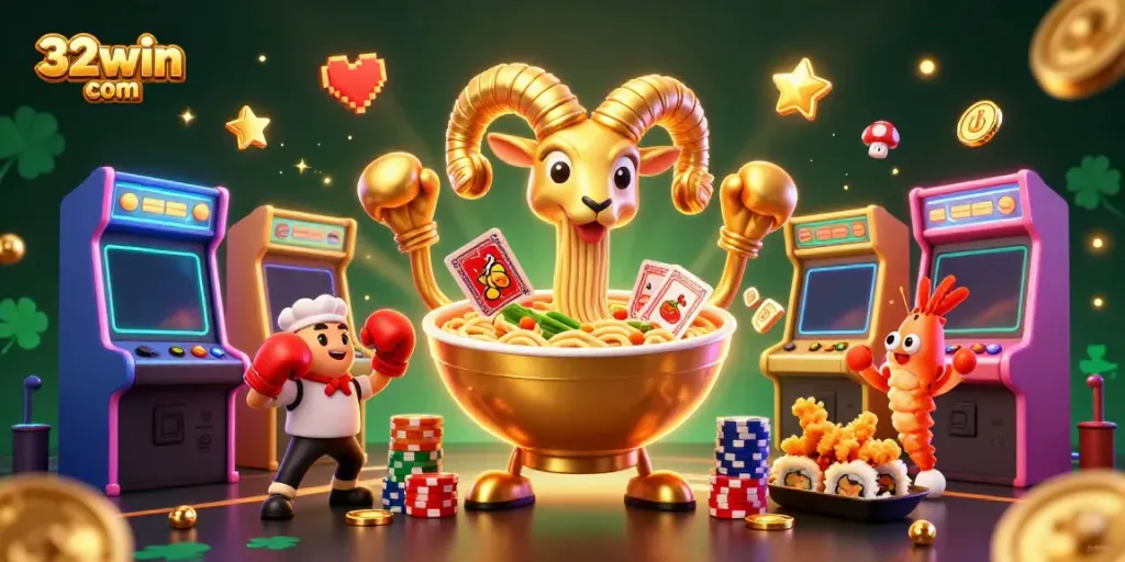 Experience the thrilling world of 32win com with a vibrant 3D illustration of unique characters and casino elements.