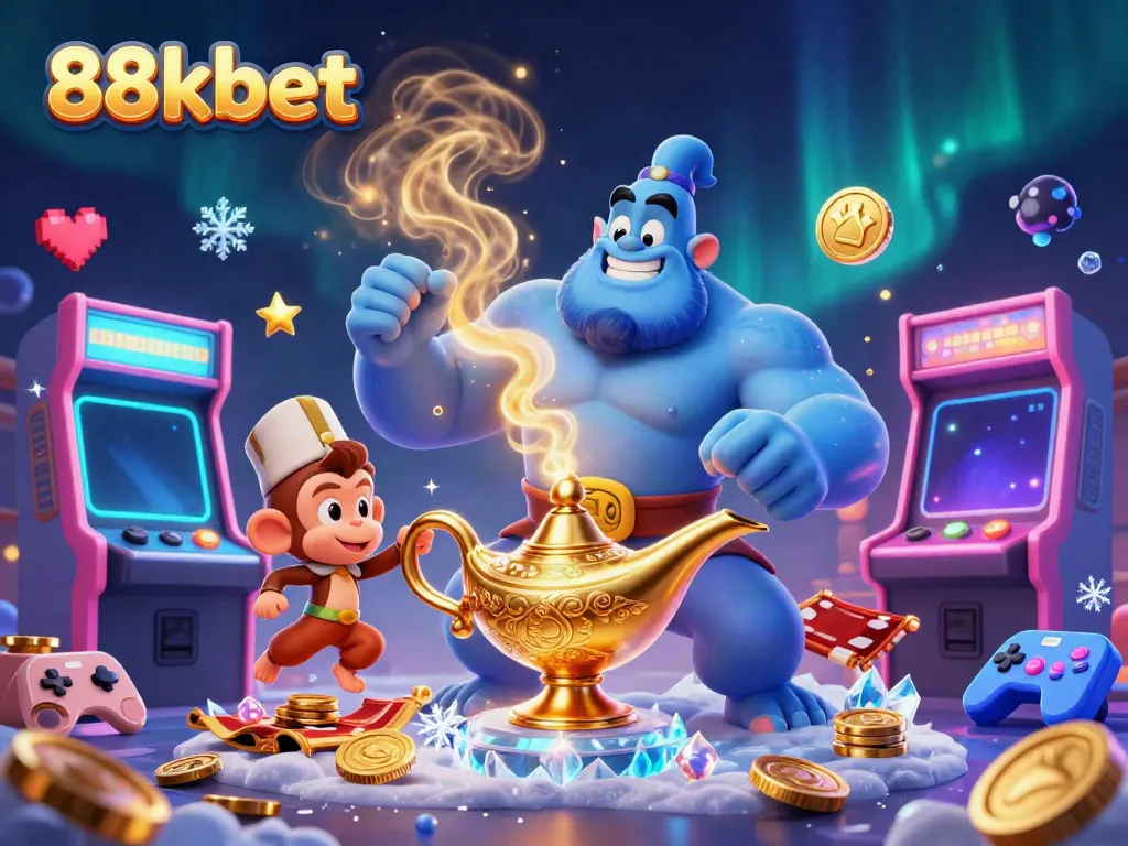 Experience the magic of 88kbet with vibrant casino elements, including a genie and gaming culture.