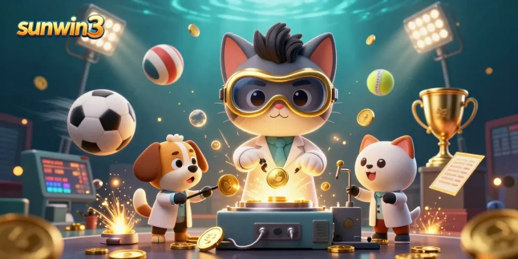 Experience thrilling gameplay at sunwin3 with a mad scientist cat and loyal dog creating gold coins amidst sports elements.