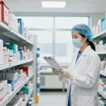 Canadian medical supplies displayed in a professional warehouse with a healthcare worker checking inventory.