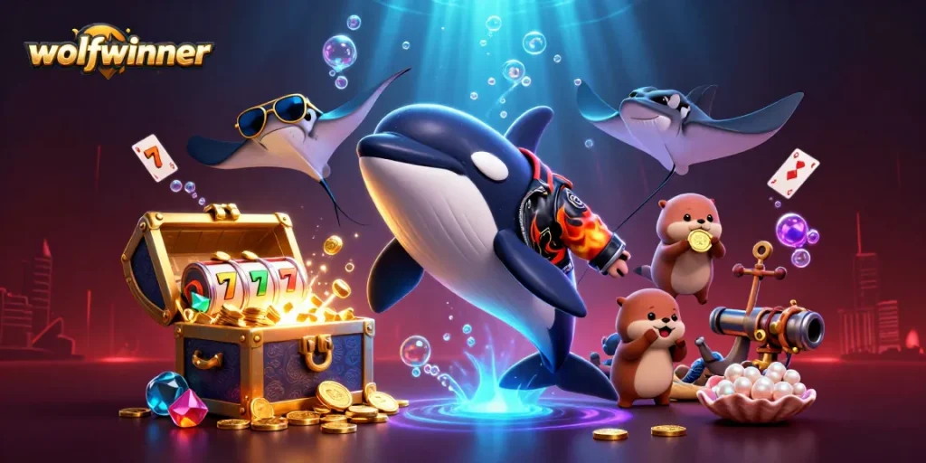 wolfwinner showcases a vibrant casino scene with cartoon characters playing amidst slot machine elements and treasure.