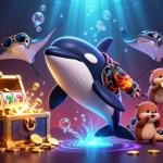 wolfwinner showcases a vibrant casino scene with cartoon characters playing amidst slot machine elements and treasure.