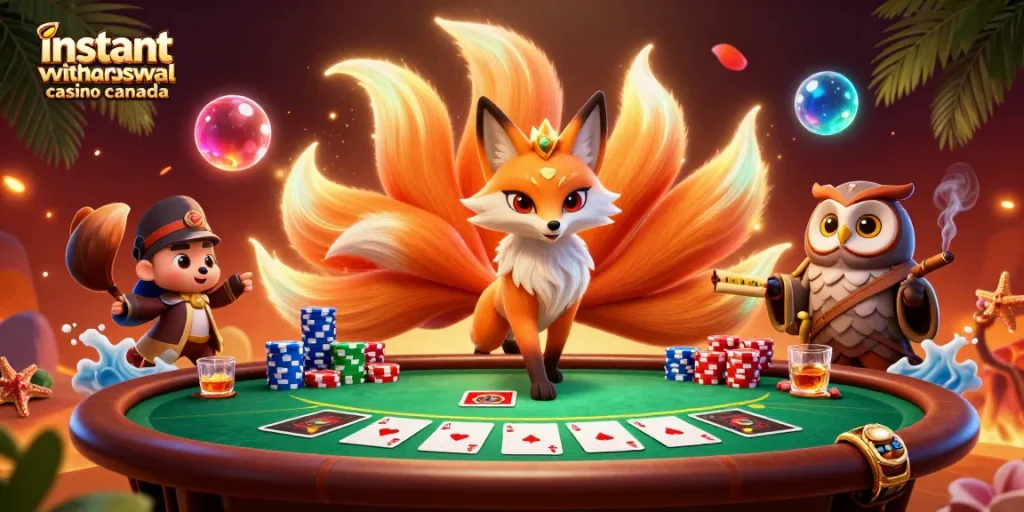 Experience fast cashouts at an instant withdrawal casino Canada with colorful characters and vibrant poker elements.